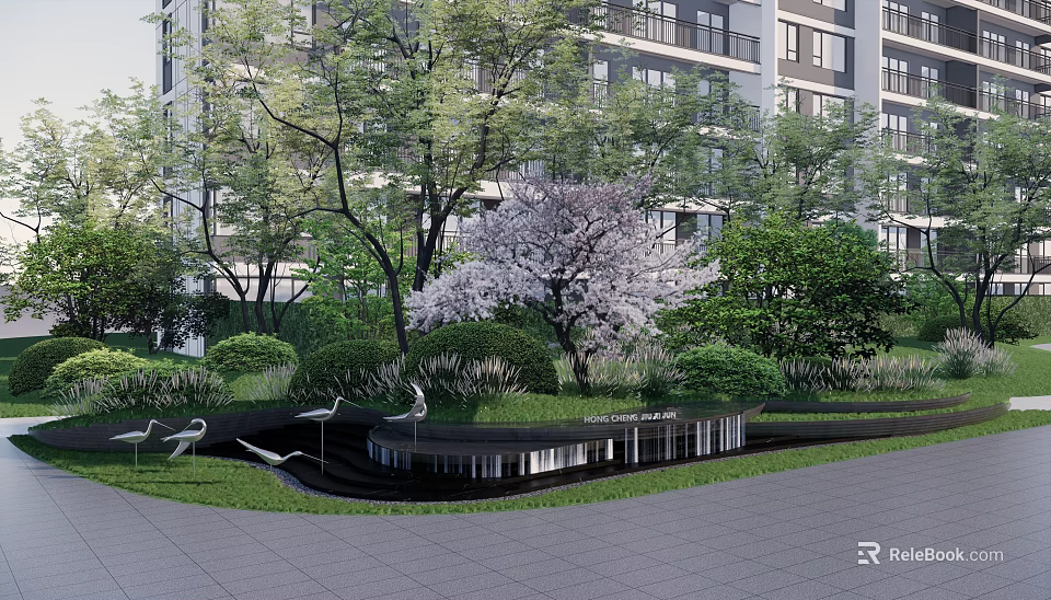 Modern Garden Ornaments With Trees Purple Flowering Bush Lawn Small Pond And Crane Sculptures 3d model 