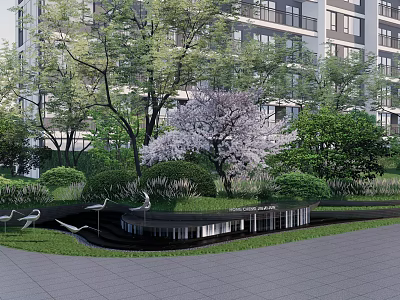 Modern Garden Ornaments With Trees Purple Flowering Bush Lawn Small Pond And Crane Sculptures 3d model