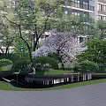 Modern Garden Ornaments With Trees Purple Flowering Bush Lawn Small Pond And Crane Sculptures