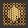 Golden Spherical Structure On Wooden Checkerboard Base With Shiny Balls