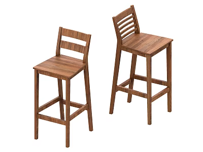 Set of Two Simple Wooden Bar Stools With Backrest And High Legs 3d model