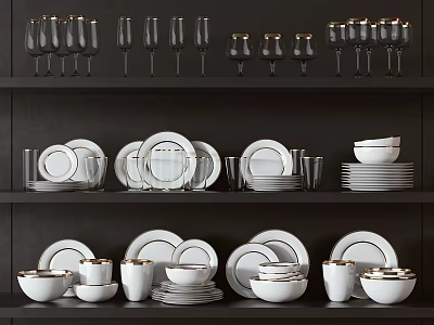 Modern White Dinnerware Set Display On Multi tiered Shelves With Plates Bowls And Cups 3d model