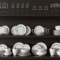 Modern White Dinnerware Set Display On Multi tiered Shelves With Plates Bowls And Cups
