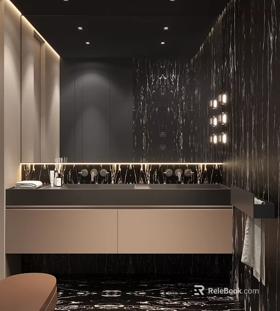 Modern Bathroom Interior With Dark Walls Mirror LED Lights Vanity And Storage Cabinet 3d model 