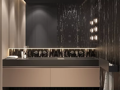 Modern Bathroom Interior With Dark Walls Mirror LED Lights Vanity And Storage Cabinet 3d model