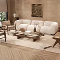 Modern White Sofa And Glass Coffee Table Set With Wooden Armchairs And Area Rug