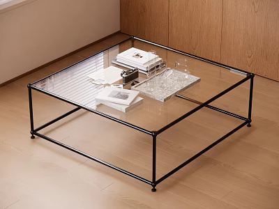 Modern Coffee Table with Glass Top Black Metal Frame and Books Camera in Living Room 3d model