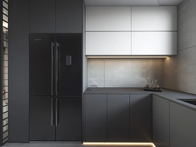 Modern Kitchen Interior With Black Double Door Refrigerator Gray White Cabinets Black Countertop And Lighting 3d model