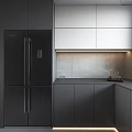 Modern Kitchen Interior With Black Double Door Refrigerator Gray White Cabinets Black Countertop And Lighting