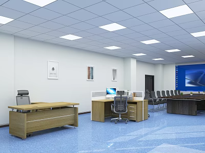 Modern Office Interior With Wooden Desks Computer Conference Table Chairs Blue Flooring And Ceiling Lights 3d model