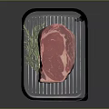 Fresh Raw Ribeye Steak on Black Baking Tray with Rosemary Garnish
