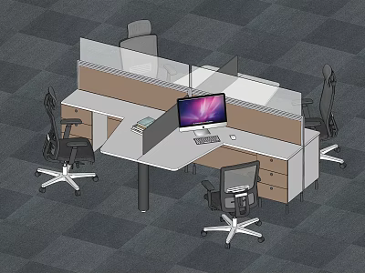 Modern Office Desk Setup With Partition Computer Monitor Drawer Cabinet And Office Chairs 3d model