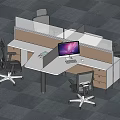 Modern Office Desk Setup With Partition Computer Monitor Drawer Cabinet And Office Chairs