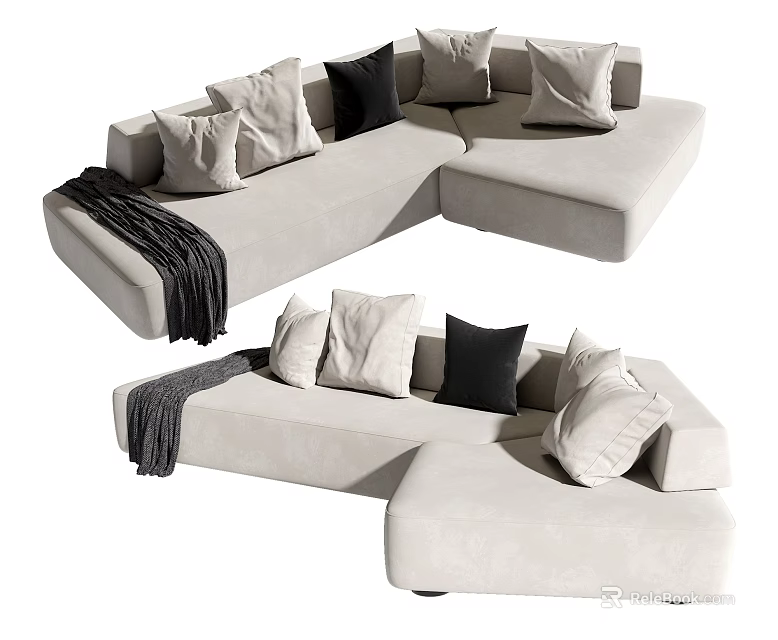 Stylish Light Beige Sectional Sofa With Multiple Plush Cushions And Dark Throw Blanket 3d model 