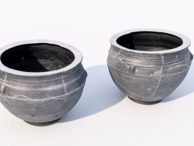 Two Gray Textured Ceramic Vessels with Round Mouth and Decorative Patterns 3d model