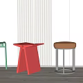 Modern Stools in Various Colors and Designs Against Striped Wall and Wooden Floor