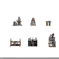 Wooden and metal display shelves with multi-tiered design for retail showcasing various products
