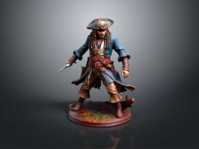 Pirate Man Statue Wearing Tricorn Hat Blue Coat Holding Sword on Decorative Base 3d model