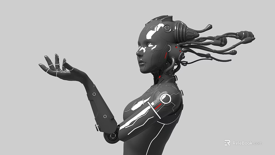 Futuristic Game and Movie Cybernetic Female Robot Character with Mechanical Arm and Cable Hair 3d model 