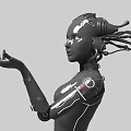 Futuristic Game and Movie Cybernetic Female Robot Character with Mechanical Arm and Cable Hair