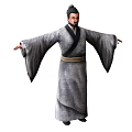 Man in Traditional Ancient Robe With Wide Sleeves Gold Waistband Topknot Standing Arms Outstretched