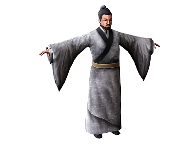 Man in Traditional Ancient Robe With Wide Sleeves Gold Waistband Topknot Standing Arms Outstretched 3d model