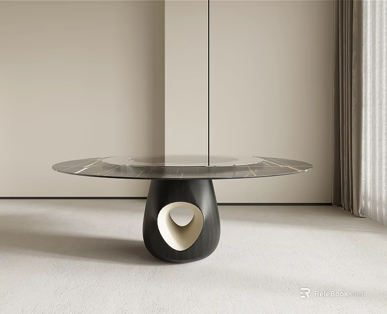 Modern Round Dining Table With Marble Top Black Base Circular Hollow Cutout Minimalist Room Interior 3d model 
