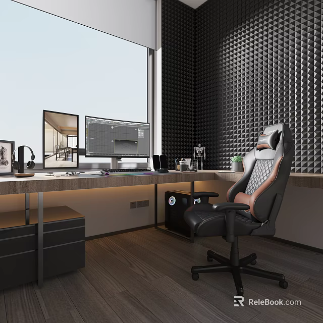 Modern Home Office With Long Desk Dual Monitors And Gaming Chair 3d model 