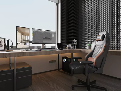 Modern Home Office With Long Desk Dual Monitors And Gaming Chair 3d model