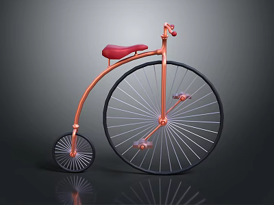 Vintage Classic Bicycle With Large Front Wheel Small Rear Wheel Orange Frame And Red Seat 3d model