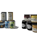 Colorful Spice Jars With Various Labels And Sizes For Kitchen Use