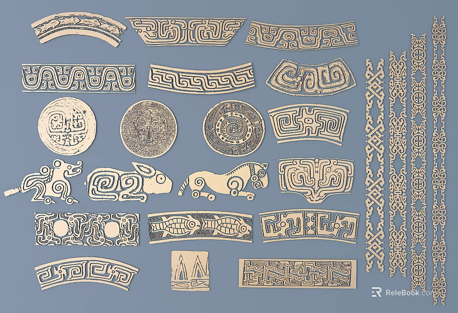 Intricate Traditional Carvings With Geometric Patterns Animal Motifs And Diverse Shapes 3d model 