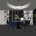 Modern Restaurant Interior With Open Design Dining Table Chairs And Chandelier Decor 3d model