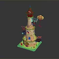 Cartoon Landscape With Red Spire Tower Beige Structure Green Base And Floating Clouds 3d model