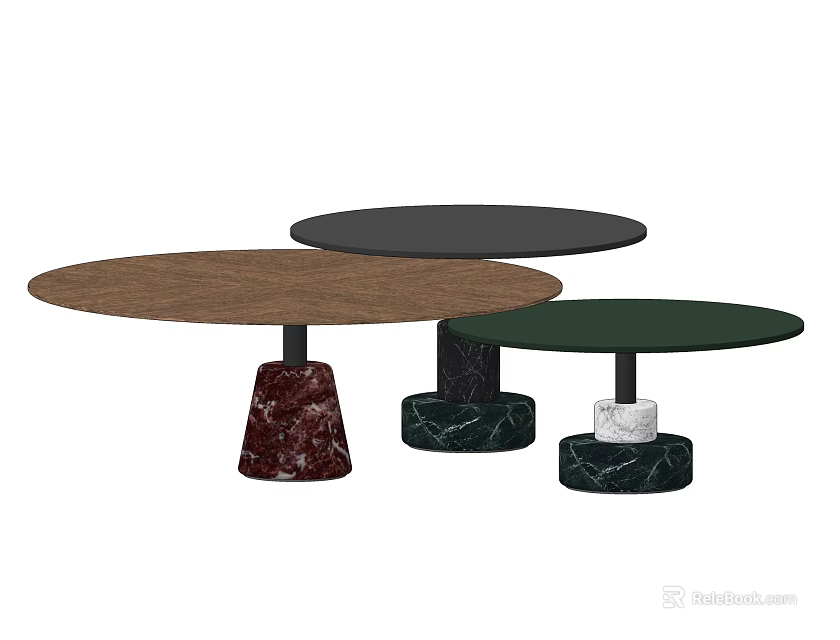 Three Round Coffee Tables With Different Colored Tops And Marble Bases Modern Design 3d model