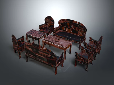Classic Wooden Sofa And Coffee Table Set With Carved Details Dark Colored Furniture 3d model
