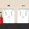 White Double Doors In Indoor Setting With Exit Signs Fire Extinguishers And Hydrant Cabinet