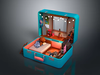 Open Blue Suitcase With Miniature Room Interior Featuring Bed Mirror And Small Furniture 3d model