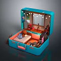 Open Blue Suitcase With Miniature Room Interior Featuring Bed Mirror And Small Furniture