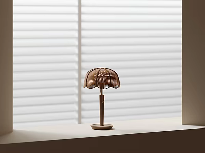 Natural Minimalist Table Lamp With Woven Lampshade And Wooden Base On Windowsill Against Blinds Background 3d model