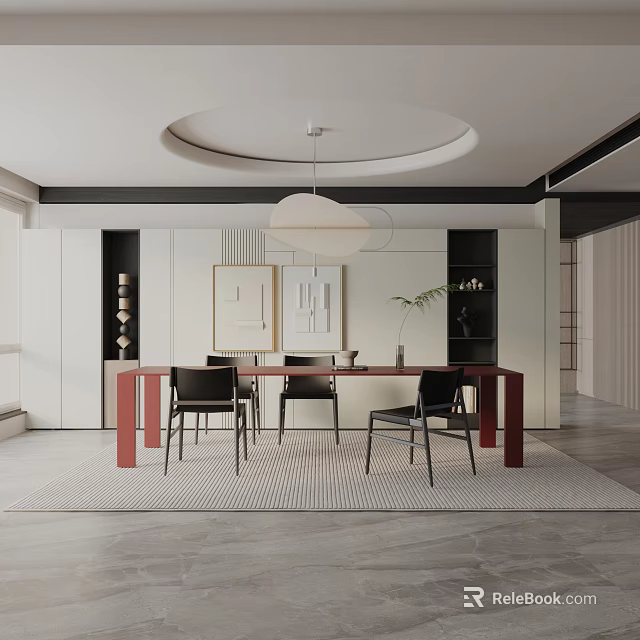 Sleek Modern Dining Table Set With Black Chairs Pendant Light And Area Rug 3d model 