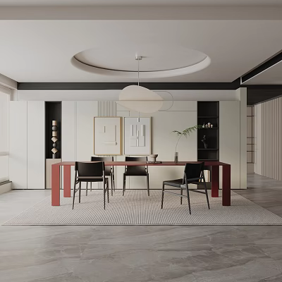 Sleek Modern Dining Table Set With Black Chairs Pendant Light And Area Rug 3d model