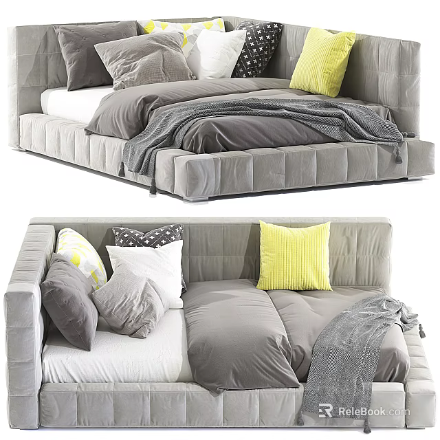 Cozy Bedroom Bed With Grey Frame Yellow Patterned Pillows And Grey Blanket 3d model 