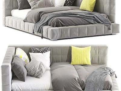 Cozy Bedroom Bed With Grey Frame Yellow Patterned Pillows And Grey Blanket 3d model