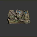 Three Bronze Owls With Blue Eyes And Green Accents On Wooden Branch Decorative Sculpture