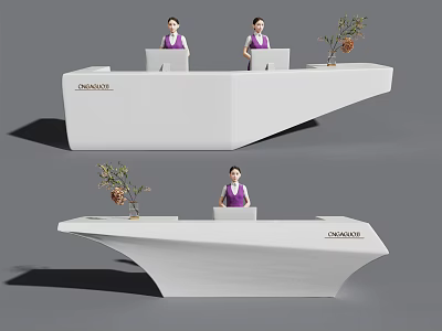 Modern White Reception Desk With Dynamic Logo Purple Uniform Receptionists And Plant Decor 3d model