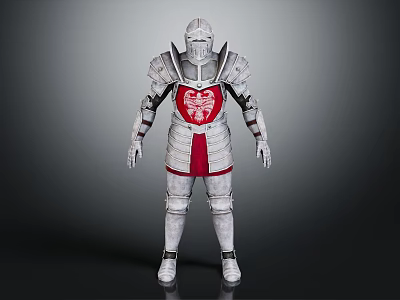 Medieval Knight Full Body Armor With Red Heart Emblem And Metal Design In Standing Pose 3d model