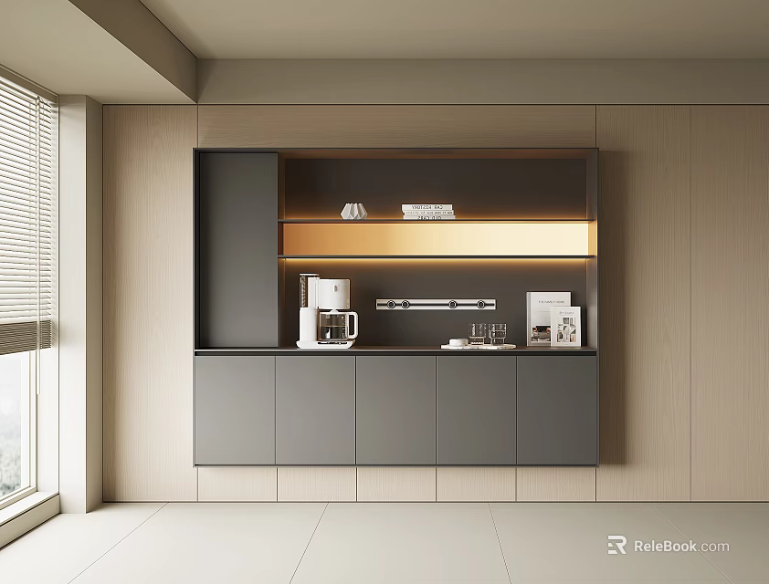 Modern Built in Wine Cabinet With Gray Cabinets Golden Lighting And Countertop Decorative Items 3d model 