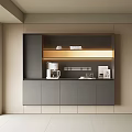 Modern Built in Wine Cabinet With Gray Cabinets Golden Lighting And Countertop Decorative Items