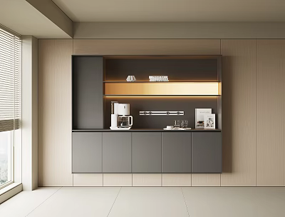 Modern Built in Wine Cabinet With Gray Cabinets Golden Lighting And Countertop Decorative Items 3d model